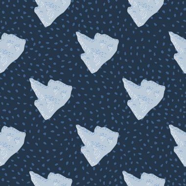 Yaratıcı, açık mavi buzdağı süsüsüyle, soyut, pürüzsüz, kuzeyli deseni. Koyu lacivert noktalı arka plan. Kumaş tasarımı, tekstil baskısı, ambalaj, kapak için harika. Vektör illüstrasyonu.