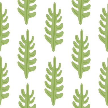 Yeşil karalama yaprağı dalları şeklinde botanik desenli. Beyaz arkaplanlı tropik yaprak süsü. Kumaş tasarımı, tekstil baskısı, ambalaj ve kapak için tasarlandı. Vektör illüstrasyonu.