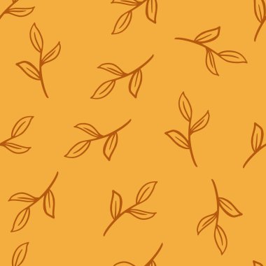 Basit yaprak dalları şekilli doğal organik yama. Turuncu arka plan. Kumaş tasarımı için dekoratif zemin, tekstil baskısı, ambalaj, kapak. Vektör illüstrasyonu.