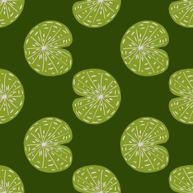 Japon vahşi doğası, el yapımı su zambağı süsüsüyle kusursuz desen. Yeşil palet çizimi. Kumaş tasarımı, tekstil baskısı, ambalaj ve kapak için tasarlandı. Vektör illüstrasyonu