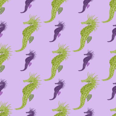 Çizgi film mor ve yeşil denizatı süslemesi kusursuz desen. Pastel mor arka plan. Basit bir tasarım. Kumaş tasarımı için dekoratif zemin, tekstil baskısı, ambalaj, kapak. Vektör illüstrasyonu.