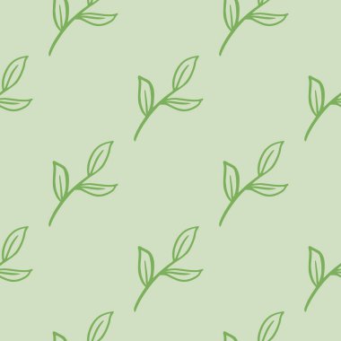 Asgari biçimli, pürüzsüz, yeşil kaplamalı ağaç dalları şekilli. Hafif arkaplan. Kumaş tasarımı için dekoratif zemin, tekstil baskısı, ambalaj, kapak. Vektör illüstrasyonu.