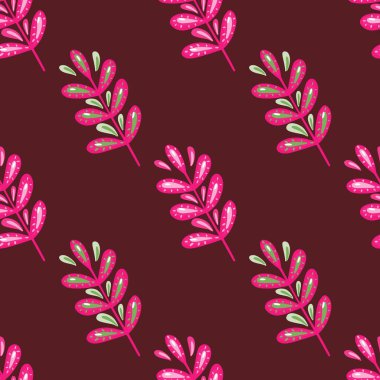 Pembe yapraklı, pürüzsüz botanik deseni. Koyu kahverengi arka plan. Kumaş tasarımı, tekstil baskısı, ambalaj ve kapak için tasarlandı. Vektör illüstrasyonu.