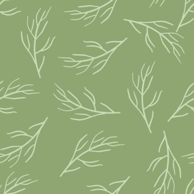 Beyaz çizgili dalları olan kusursuz rastgele desenler. Yeşil ışık arka planı. Basit bir tasarım. Kumaş tasarımı, tekstil baskısı, ambalaj ve kapak için mükemmel. Vektör illüstrasyonu.