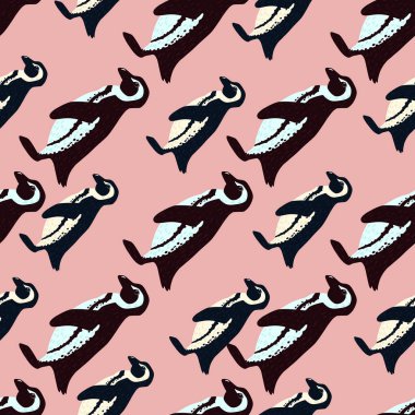Karalama penguen desenli, soyut kuzeyli hayvan deseni. Açık pembe arka plan. Kumaş tasarımı, tekstil baskısı, ambalaj ve kapak için mükemmel. Vektör illüstrasyonu.