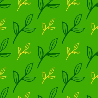 Doğa yay deseni, karalamalı yaprak dalları şekilli. Sarı çiçekli detaylar. Kumaş tasarımı için dekoratif zemin, tekstil baskısı, ambalaj, kapak. Vektör illüstrasyonu.