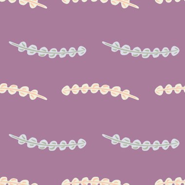 Su altı mavi yaprak desenli ve karalama yosunlu süsleme. Pastel mor arka plan. Kumaş tasarımı için dekoratif zemin, tekstil baskısı, ambalaj, kapak. Vektör illüstrasyonu.