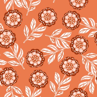 Süssüz botanik desenli, karalama halk çiçekleri elementleri. Turuncu arka plan. Basit bir tarz. Kumaş tasarımı, tekstil baskısı, ambalaj, kapak için harika. Vektör illüstrasyonu.