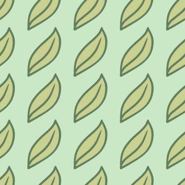 Pastel yeşili yapraklar, siluetler, süslemesiz desenler. Açık mavi arkaplan. Elle çizilmiş doğa arka planı. Kumaş tasarımı, tekstil baskısı, ambalaj ve kapak için tasarlandı. Vektör illüstrasyonu.