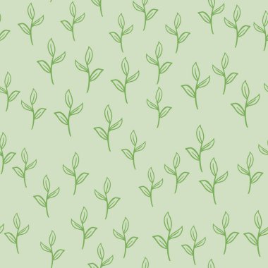 Elle çizilmiş, küçük yeşil dallarla çizilmiş rastgele bir desen. Gri arka plan. Kumaş tasarımı için dekoratif zemin, tekstil baskısı, ambalaj, kapak. Vektör illüstrasyonu.