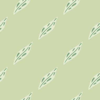 Basit karalama yeşili yaprak süsü ile botanik desensiz desen. Hafif arkaplan. Kumaş tasarımı için dekoratif zemin, tekstil baskısı, ambalaj, kapak. Vektör illüstrasyonu.