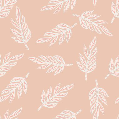 Beyaz ana hatlı yaprak dalları siluetleri kusursuz karalama kalıpları. Pembe renkli arka plan. Botanik teması. Kumaş tasarımı, tekstil baskısı, ambalaj ve kapak için tasarlandı. Vektör illüstrasyonu.