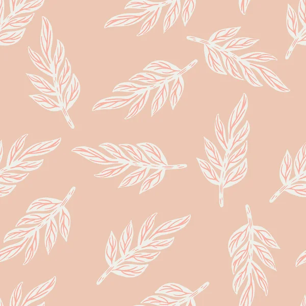 Beyaz ana hatlı yaprak dalları siluetleri kusursuz karalama kalıpları. Pembe renkli arka plan. Botanik teması. Kumaş tasarımı, tekstil baskısı, ambalaj ve kapak için tasarlandı. Vektör illüstrasyonu.