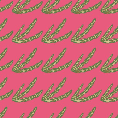 Vahşi yeşil deniz yosunu silueti desenli, soyut, kusursuz deniz doğası deseni. Pembe arka plan. Kumaş tasarımı, tekstil baskısı, ambalaj ve kapak için mükemmel. Vektör illüstrasyonu.