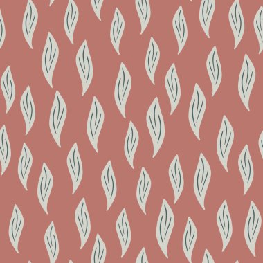 Gri, sade yaprak süslemeli, dikişsiz botanik deseni. Pembe soluk arkaplan. Yaprak izi. Kumaş tasarımı, tekstil baskısı, ambalaj ve kapak için mükemmel. Vektör illüstrasyonu.