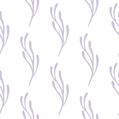 Pastel mor soyut dallarla izole edilmiş karalama deseni. Beyaz arka plan. Kumaş tasarımı için dekoratif zemin, tekstil baskısı, ambalaj, kapak. Vektör illüstrasyonu.