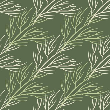 Işıklı ağaç dalları siluetleri olan botanik desensiz karalama deseni. Açık yeşil zeytin arka planı. Kumaş tasarımı, tekstil baskısı, ambalaj ve kapak için mükemmel. Vektör illüstrasyonu.