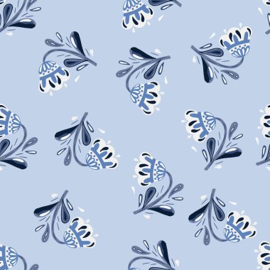 Klasik botanik dikişsiz desen ve halk çiçekleri rastgele iz. Dekoratif bahar soyut sanat eserleri. Kumaş tasarımı için dekoratif zemin, tekstil baskısı, ambalaj, kapak. Vektör illüstrasyonu