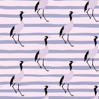 Çizgi film vinç silueti süslemeli, çizimsiz bir şekil. Çizgili arka plan. Basit bir tasarım. Kumaş tasarımı, tekstil baskısı, ambalaj ve kapak için mükemmel. Vektör illüstrasyonu.