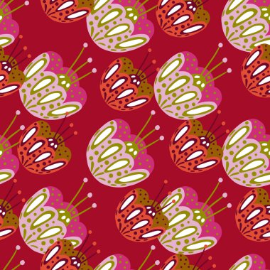 Dekor folklorlu çiçek tomurcukları desenli yaratıcı doğa. Kestane rengi arka plan. Pembe iz. Kumaş tasarımı, tekstil baskısı, ambalaj ve kapak için tasarlandı. Vektör illüstrasyonu.