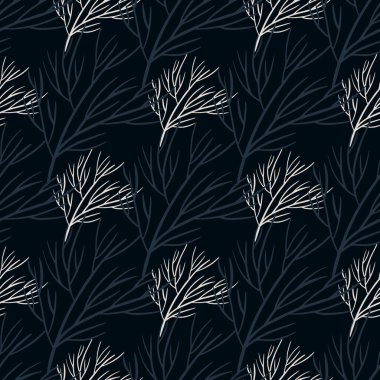 Karanlık doğa, mavi ve gri karalama ağacının dalları siluet süsüsüyle kusursuz desenli. Siyah arka plan. Kumaş tasarımı, tekstil baskısı, ambalaj ve kapak için mükemmel. Vektör illüstrasyonu.