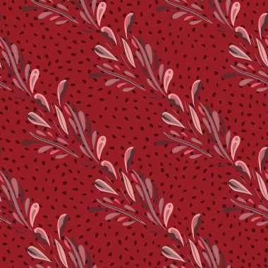 Soyut fioliage baskısı olan kusursuz doğa bahçesi deseni. Kırmızı noktalı arka plan. Botanik yaprakları arka planda. Kumaş tasarımı, tekstil baskısı, ambalaj ve kapak için tasarlandı. Vektör illüstrasyonu.