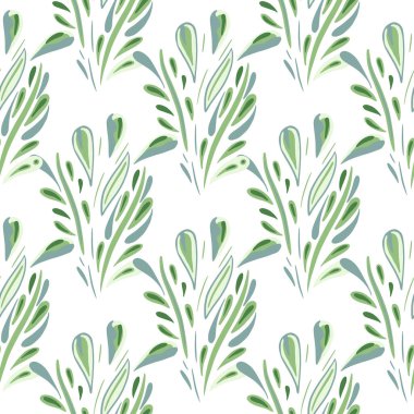 Yeşil renkli soyut yaprak izli, izole, pürüzsüz bir desen. Beyaz arka plan. Botanik arka planı. Kumaş tasarımı, tekstil baskısı, ambalaj ve kapak için mükemmel. Vektör illüstrasyonu.