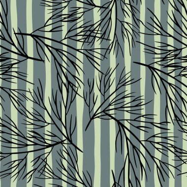 Karalamalı el çizimi siyah ağaç dalları süslemesi olan rastgele ve pürüzsüz bir desen. Soluk mavi çizgili arka plan. Kumaş tasarımı, tekstil baskısı, ambalaj ve kapak için mükemmel. Vektör illüstrasyonu.
