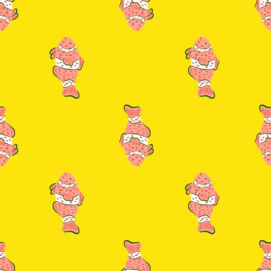 Pembe palyaço balık siluetleriyle, parlak, soyut, pürüzsüz desen. Sarı arka plan. Basit bir tarz. Kumaş tasarımı, tekstil baskısı, ambalaj ve kapak için tasarlandı. Vektör illüstrasyonu.