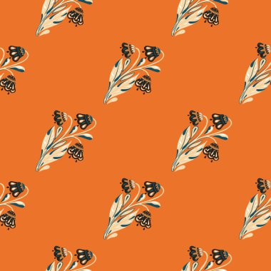 Soyut çiçek buketi desenli botanik desenli. Parlak turuncu arka plan. Eski tarz. Kumaş tasarımı, tekstil baskısı, ambalaj ve kapak için mükemmel. Vektör illüstrasyonu.