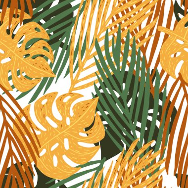 Beyaz arka planda tropik, pürüzsüz desen. Tasarım kumaşı için renkli canavar yaprakları, muz ve avuç içi. Yaz botanik şablonu yeşil ve sarı renkler. Vektör illüstrasyonu