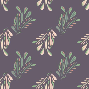 Yeşil ve pembe renkli soyut yaprak izli, minimalist, pürüzsüz desen. Mor arka plan. Kumaş tasarımı, tekstil baskısı, ambalaj ve kapak için tasarlandı. Vektör illüstrasyonu.