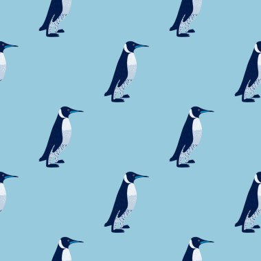 Basit penguen süsüsüyle kusursuz desenli çizgi film. Mavi pastel arka plan. Kumaş tasarımı için dekoratif baskı, tekstil baskısı, ambalaj, kapak. Vektör illüstrasyonu.