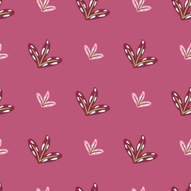 Basit yaprak şekilli karalamalı derlemesiz desen. Pembe arka plan. Botanik soyut süsü. Kumaş tasarımı, tekstil baskısı, ambalaj ve kapak için mükemmel. Vektör illüstrasyonu.