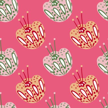 Yaratıcı folklor tomurcukları şekilli soyut çiçek deseni. Pembe parlak arka plan. Albüm baskısı. Kumaş tasarımı, tekstil baskısı, ambalaj ve kapak için tasarlandı. Vektör illüstrasyonu.