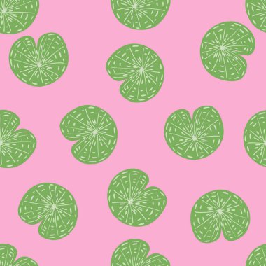 Çiçeksiz göl deseni ve yeşil zambak rengi siluetler. Açık pembe arka plan. Kumaş tasarımı, tekstil baskısı, ambalaj ve kapak için tasarlandı. Vektör illüstrasyonu