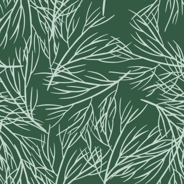 Beyaz şekilli ağaç dalları, kusursuz karalama kalıpları. Rastgele parmak izi. Yeşil koyu arkaplan. Kumaş tasarımı, tekstil baskısı, ambalaj ve kapak için mükemmel. Vektör illüstrasyonu.