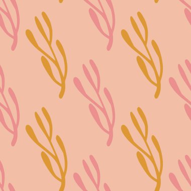 Turuncu dallı, yaratıcı, pürüzsüz doğa deseni. Pembe arka plan. Doodle tarzı. Kumaş tasarımı için dekoratif zemin, tekstil baskısı, ambalaj, kapak. Vektör illüstrasyonu.