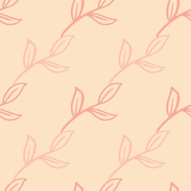 Pembe renkli, pürüzsüz desenli basit ana hatlarıyla brunch unsurları bırakır. Doğa karalama baskısı. Kumaş tasarımı için dekoratif zemin, tekstil baskısı, ambalaj, kapak. Vektör illüstrasyonu.