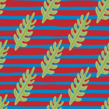 Yeşil tropik yaprak dalları olan soyut dekoratif, pürüzsüz desen. Kırmızı ve mavi çizgili arka plan. Kumaş tasarımı, tekstil baskısı, ambalaj ve kapak için tasarlandı. Vektör illüstrasyonu.
