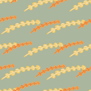 Pastel, deniz yosunu süsüsüyle sulu botanik desenli. Mavi arka planda turuncu yapraklar. Kumaş tasarımı için dekoratif zemin, tekstil baskısı, ambalaj, kapak. Vektör illüstrasyonu.