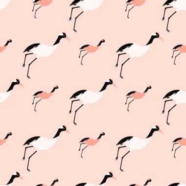 Pembe ve beyaz tonlarda, turna kuşu süsüyle dekoratif hayvan deseni. Şirin hayvanat bahçesi arkaplanı. Kumaş tasarımı, tekstil baskısı, ambalaj ve kapak için mükemmel. Vektör illüstrasyonu.