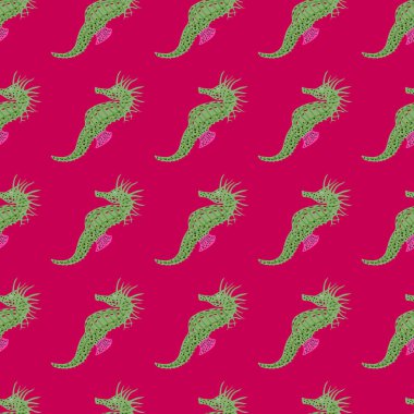 Geometrik karalama deseni, yeşil denizatı el izi ile kusursuz desen. Pembe arka plan. Kumaş tasarımı için dekoratif zemin, tekstil baskısı, ambalaj, kapak. Vektör illüstrasyonu.