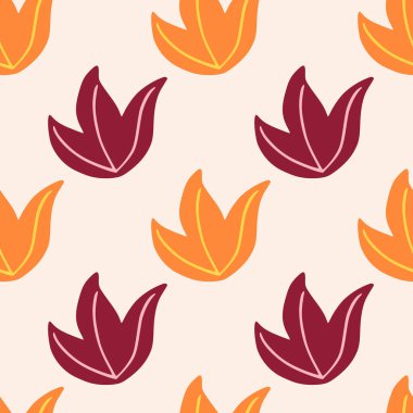 Mor ve turuncu folaj çalıları olan minimalist, pürüzsüz bir desen. Hafif arkaplan. Kumaş tasarımı için dekoratif zemin, tekstil baskısı, ambalaj, kapak. Vektör illüstrasyonu.