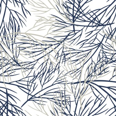 Issız dekoratif desenli, lacivert şekilli ağaç dalları siluetleriyle. Beyaz arka plan. Kumaş tasarımı, tekstil baskısı, ambalaj ve kapak için mükemmel. Vektör illüstrasyonu.