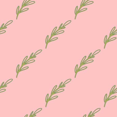 Asgari biçimli, pürüzsüz desenli, yeşil köşegen ağaç dalları süslemeli. Pembe arka plan. Kumaş tasarımı, tekstil baskısı, ambalaj ve kapak için mükemmel. Vektör illüstrasyonu.