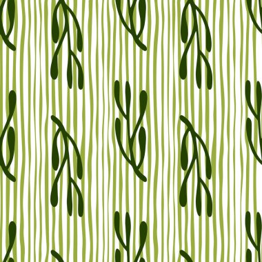 Koyu yeşil dalları olan kusursuz karalama deseni. Çizgili arka plan. Doodle vintage baskısı. Kumaş tasarımı, tekstil baskısı, ambalaj, kapak için harika. Vektör illüstrasyonu.