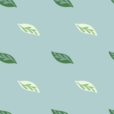 Kusursuz desenli, minimalist yeşil ve beyaz yaprak süslemeli. Mavi arka plan. Basit bir tarz. Kumaş tasarımı, tekstil baskısı, ambalaj ve kapak için mükemmel. Vektör illüstrasyonu.