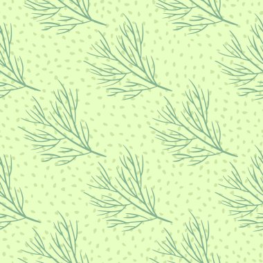 Yeşil ağaç dalları siluetleriyle soyut, pürüzsüz doğa deseni. Noktalı arka plan. Kumaş tasarımı, tekstil baskısı, ambalaj ve kapak için mükemmel. Vektör illüstrasyonu.