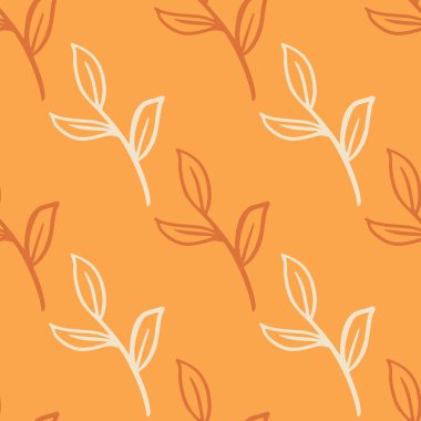 Yapışık minimalist çiçek yapraklarının dalları dikişsiz karalama deseni. Turuncu renkli arka plan. Kumaş tasarımı için dekoratif zemin, tekstil baskısı, ambalaj, kapak. Vektör illüstrasyonu.